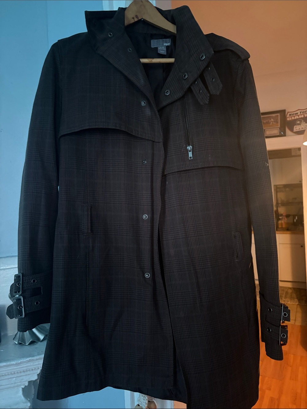 H&M Dark Brown &red plaid Hooded Trench Coat